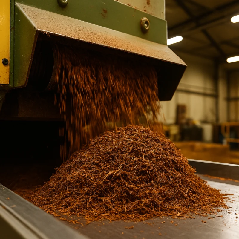 Tocator industrial de tutun într-o fabrică, eliberând tutun firicel pe o bandă de procesare