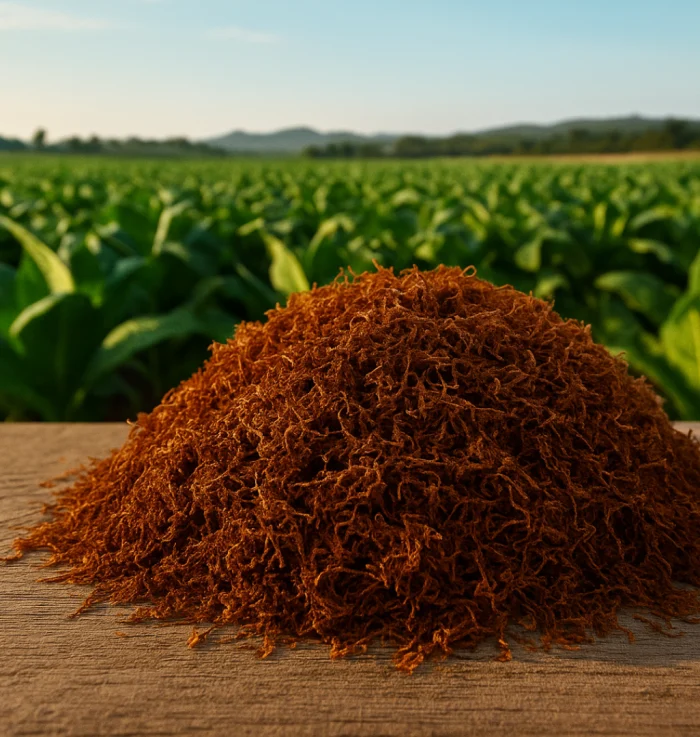 Morman de tutun firicel pe o masă rustică, în fața unei plantații de tutun din România, la apus