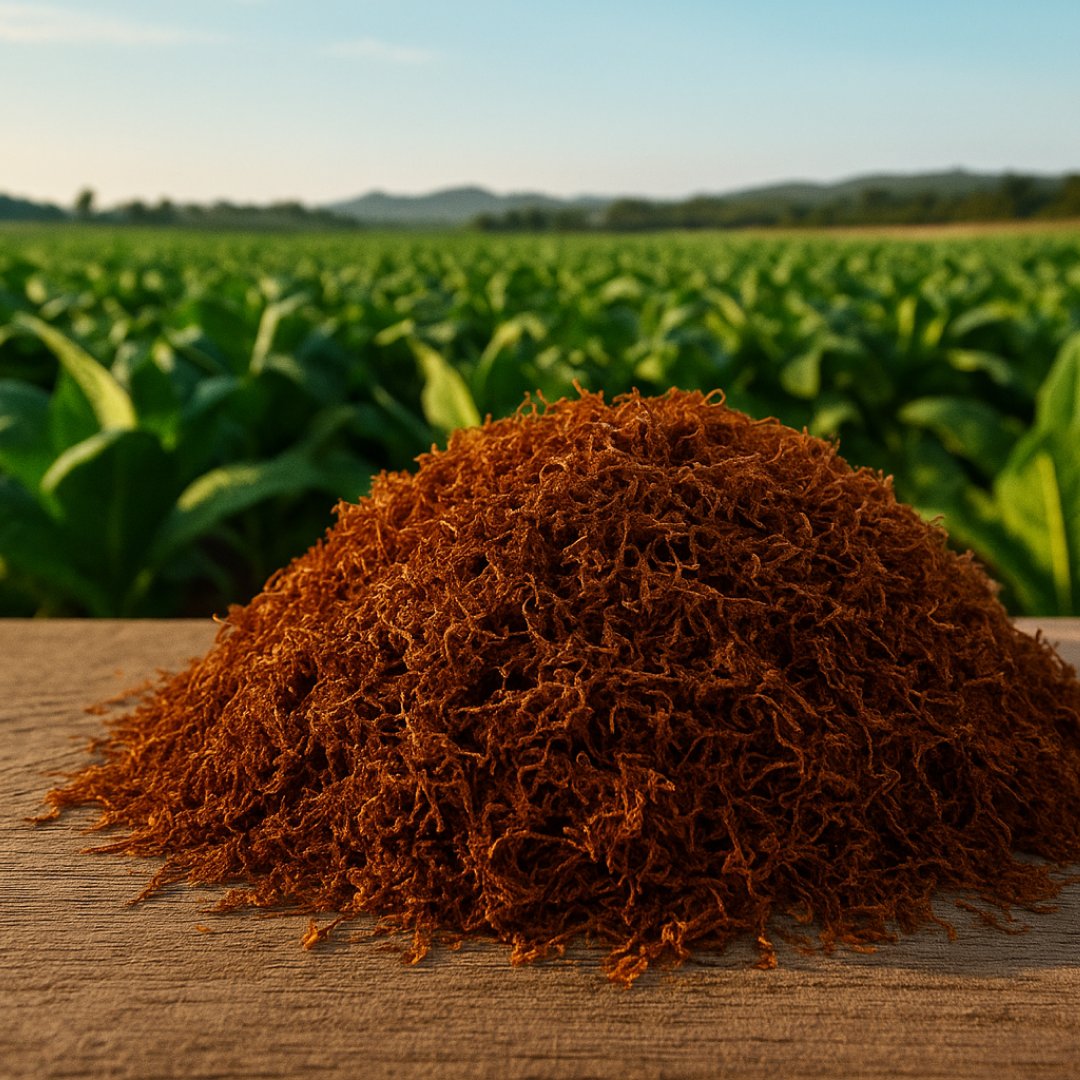 Morman de tutun firicel pe o masă rustică, în fața unei plantații de tutun din România, la apus