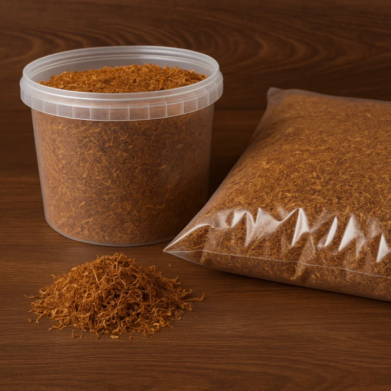 Tutun tocat la găleată și tutun la pungă de 1 kg, expus pe o masă din lemn – firicel natural, ambalaj resigilabil