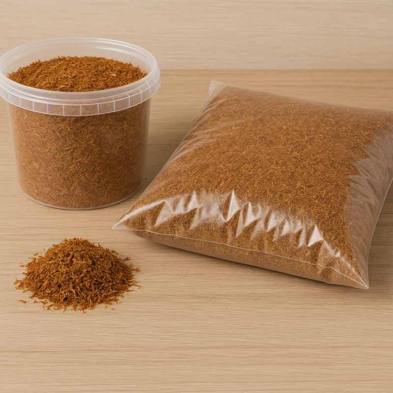 Tutun firicel la pungă de 1 kg și tutun la găleată, prezentate pe fundal deschis din lemn.