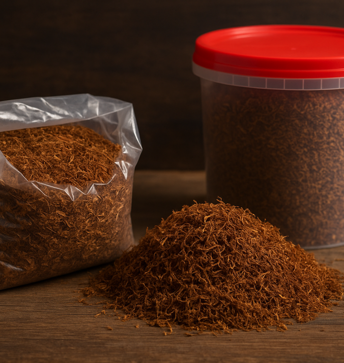 Tutun firicel la găleată și pungă de 1kg, tutun vrac premium pe masă rustică