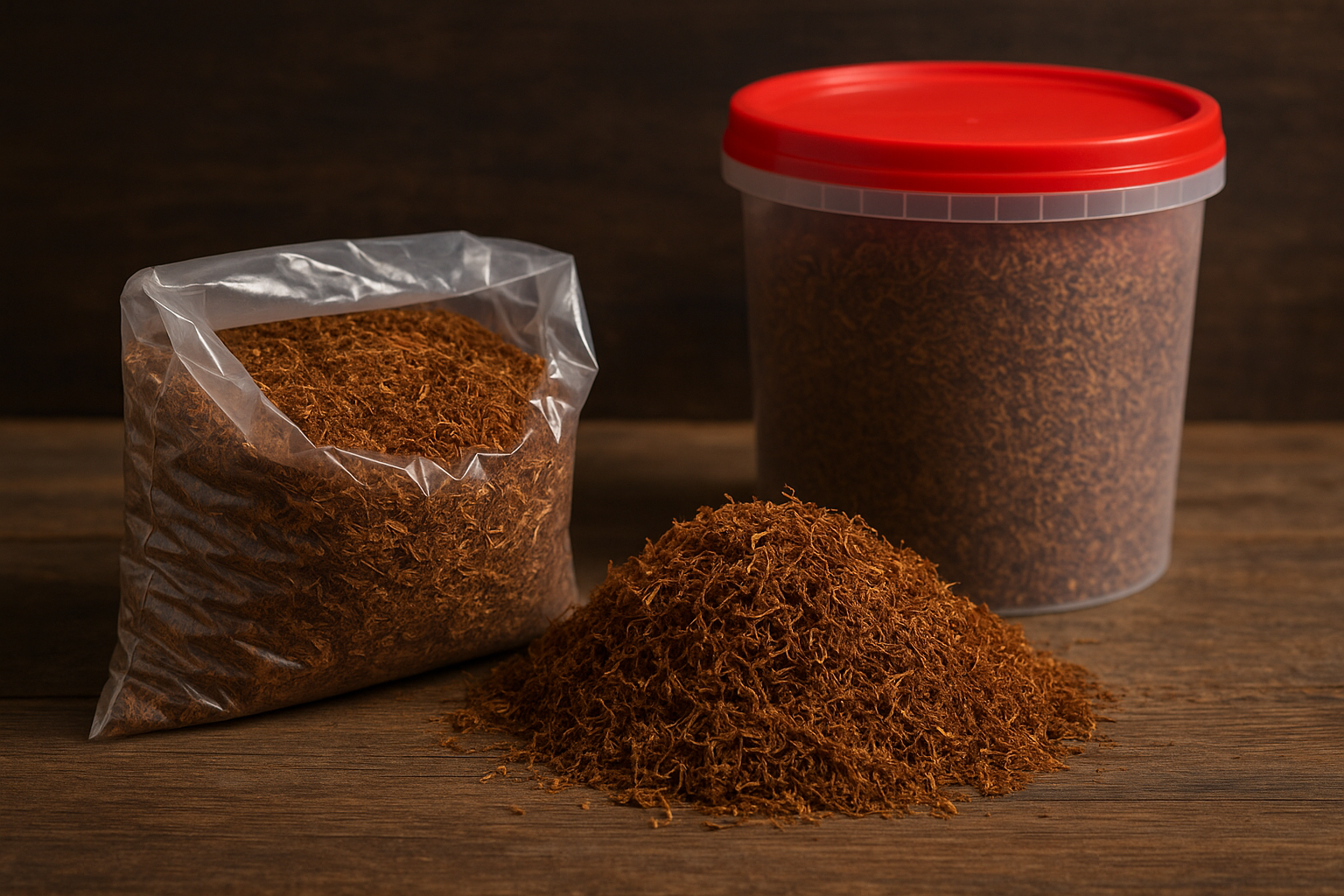 Tutun firicel la găleată și pungă de 1kg, tutun vrac premium pe masă rustică